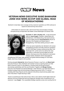 Veteran News Executive Susie Banikarim Joins Vice News As Evp and Global Head of Newsgathering