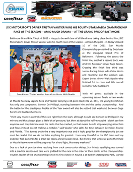 Jdc Motorsports Driver Tristan Vautier Wins His Fourth Star Mazda Championship Race of the Season -- Amid Much Drama -- at the Grand Prix of Baltimore