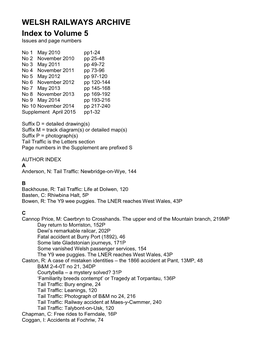 WELSH RAILWAYS ARCHIVE Index to Volume 5 Issues and Page Numbers