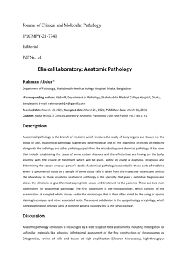 Clinical Laboratory: Anatomic Pathology