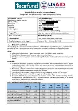 Quarterly Program Performance Report Integrated Response to Life-Threatening Malnutrition 1. Executive Summary