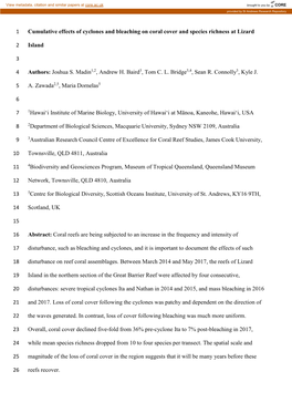 Cumulative Effects of Cyclones and Bleaching on Coral Cover and Species Richness at Lizard