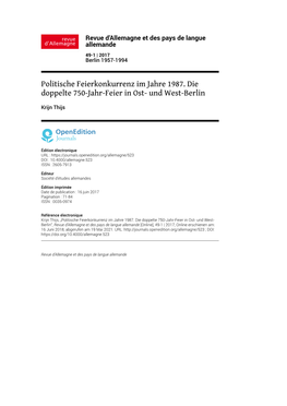 Politische Feierkonkurrenz Im Jahre 1987. Die Doppelte 750-Jahr-Feier in Ost- Und West-Berlin