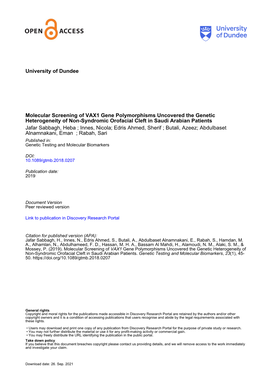 University of Dundee Molecular Screening of VAX1 Gene