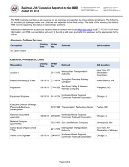 Railroad Job Vacancies Reported to the RRB 844 North Rush Street TTY: (312) 751-4701 August 30, 2018 Chicago, Illinois 60611-1275 Website