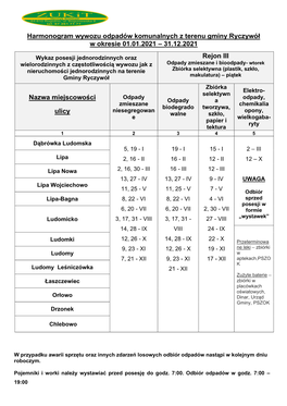 Harmonogram Wywozu Na 2021 R