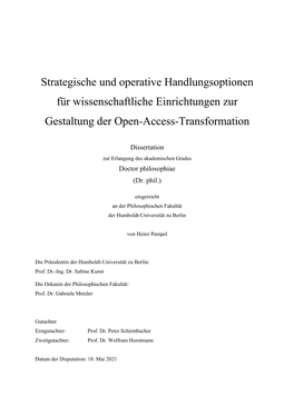 Strategische Und Operative Handlungsoptionen Für Wissenschaftliche Einrichtungen Zur Gestaltung Der Open-Access-Transformation