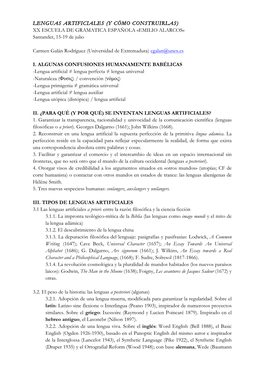 LENGUAS ARTIFICIALES (Y CÓMO CONSTRUIRLAS) XX ESCUELA DE GRAMATICA ESPAÑOLA «EMILIO ALARCOS» Santander, 15-19 De Julio