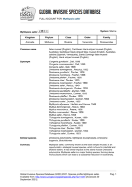 (GISD) 2021. Species Profile Mytilopsis Sallei. Available F