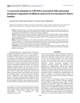 A Recurrent Mutation in CRYGD Is Associated with Autosomal Dominant Congenital Coralliform Cataract in Two Unrelated Chinese Families