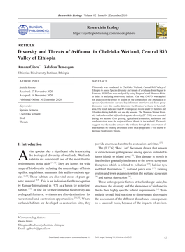 Diversity and Threats of Avifauna in Cheleleka Wetland, Central Rift Valley of Ethiopia