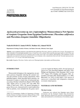 Protozoologica Acta Doi:10.4467/16890027AP.15.019.3216 Protozoologica