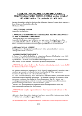 CLEE ST. MARGARET PARISH COUNCIL MINUTES of the PARISH COUNCIL MEETING Held on MONDAY 15Th APRIL 2019 at 7.30 Pm in the VILLAGE HALL