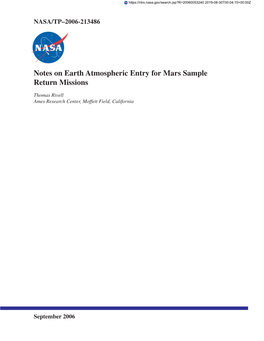 Notes on Earth Atmospheric Entry for Mars Sample Return Missions