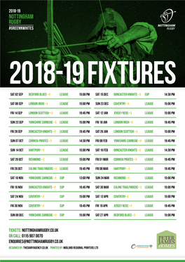 Nottingham Rugby #Greennwhites 2018-19 Fixtures Sat 02 Sep Bedford Blues - H League 15:00 Pm Sat 15 Dec Doncaster Knights - a Cup 14:30 Pm