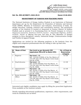 Ref. No. NID AP/RECT./2021/R-01 Dated.15.06.2021 RECRUITMENT