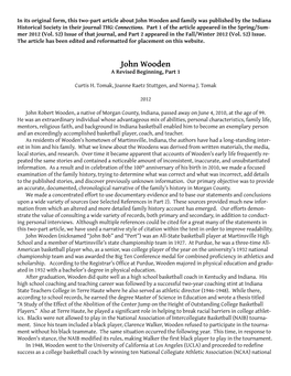 John Wooden and Family Was Published by the Indiana Historical Society in Their Journal THG: Connections