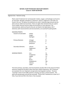 1 BOTANY, PLANT PHYSIOLOGY and PLANT GROWTH Lesson 9: PLANT NUTRITION Segment One – Nutrient Listing Plants Need 17 Elements