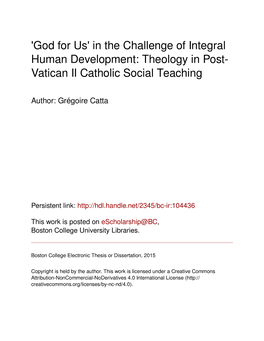 In the Challenge of Integral Human Development: Theology in Post- Vatican II Catholic Social Teaching