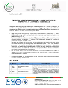 Encuentros Formativos Antioquia Vive La Danza Y El Teatro 2015 Informe Final De Agrupaciones Seleccionadas