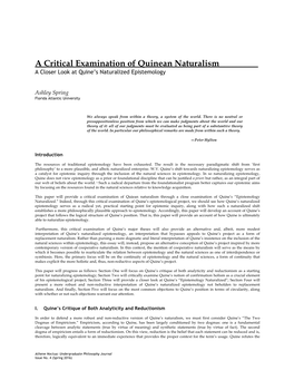 A Critical Examination of Quinean Naturalism______A Closer Look at Quine’S Naturalized Epistemology
