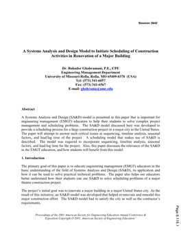 A Systems Analysis and Design Model to Initiate Scheduling of Construction Activities in Renovation of a Major Building