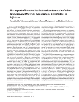 First Report of Invasive South American Tomato Leaf Miner Tuta Absoluta (Meyrick) (Lepidoptera: Gelechiidae) in Tajikistan