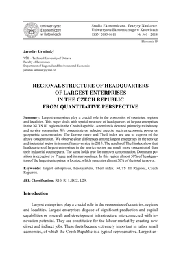 Regional Structure of Headquarters of Largest Enterprises in the Czech Republic from Quantitative Perspective