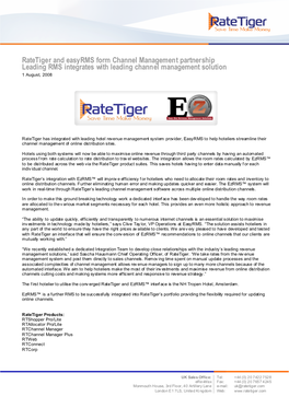 Ratetiger and Easyrms Form Channel Management Partnership Leading RMS Integrates with Leading Channel Management Solution 1 August, 2008