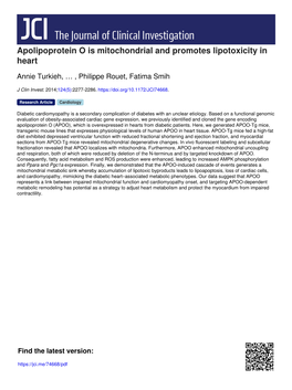 Apolipoprotein O Is Mitochondrial and Promotes Lipotoxicity in Heart