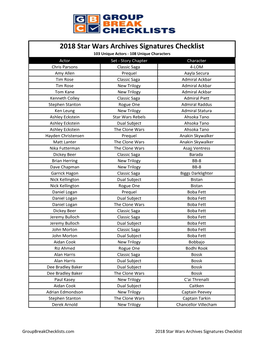 2018 Star Wars Archives Signatures Checklist