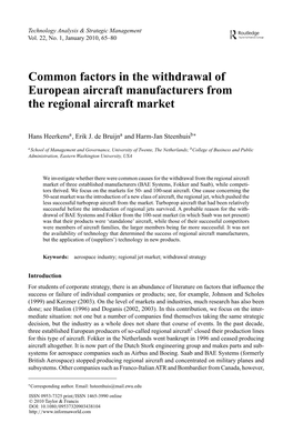 Common Factors in the Withdrawal of European Aircraft Manufacturers from the Regional Aircraft Market