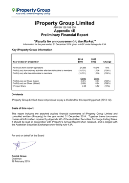 Iproperty Group Limited ABN 99 126 188 538 Appendix 4E Preliminary Financial Report