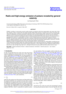 Radio and High-Energy Emission of Pulsars Revealed by General Relativity Q