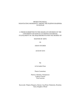 Producing Rizal: Negotiating Modernity Among the Filipino Diaspora in Hawaii