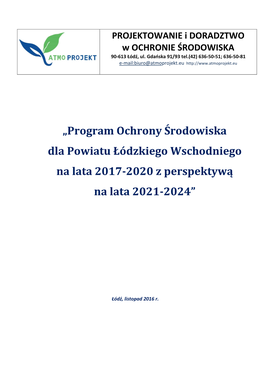 „Program Ochrony Środowiska Dla Powiatu Łódzkiego Wschodniego Na Lata 2017-2020 Z Perspektywą Na Lata 2021-2024”
