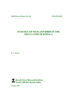 Ecology of Wetland Birds in the Kole Lands of Kerala