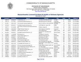 Massachusetts Licensed Accident & Health Or Sickness Agencies COMMONWEALTH of MASSACHUSETTS DIVISION of INSURANCE