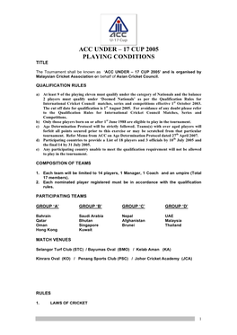 Acc Under – 17 Cup 2005 Playing Conditions Title