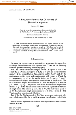 A Recursive Formula for Characters of Simple Lie Algebras