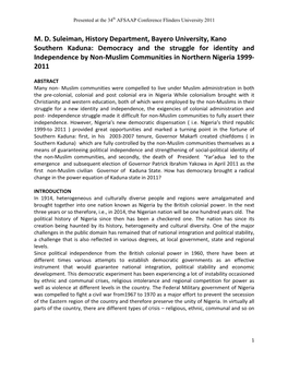 Southern Kaduna: Democracy and the Struggle for Identity and Independence by Non-Muslim Communities in Northern Nigeria 1999- 2011