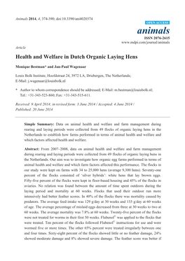 Health and Welfare in Dutch Organic Laying Hens