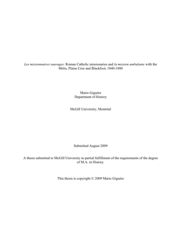 Roman Catholic Missionaries and La Mission Ambulante with the Métis, Plains Cree and Blackfoot, 1840-1880