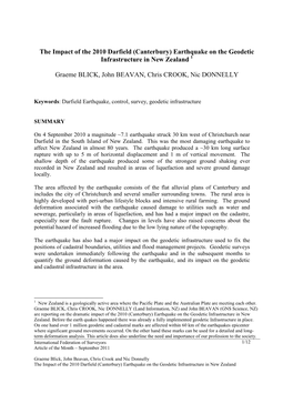 The Impact of the 2010 Darfield (Canterbury) Earthquake on the Geodetic Infrastructure in New Zealand 1