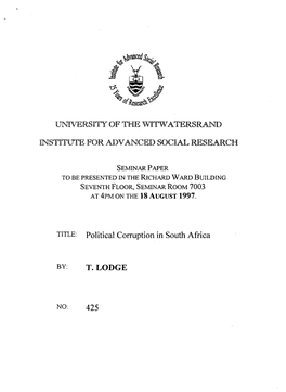 Political Corruption in South Africa by T. LODGE N