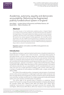 Academies, Autonomy, Equality and Democratic Accountability: Reforming the Fragmented Publicly Funded School System in England’