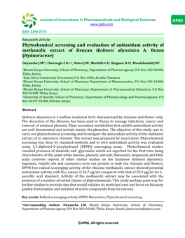 Phytochemical Screening and Evaluation of Antioxidant Activity of Methanolic Extract of Kenyan Hydnora Abyssinica A