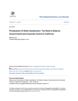 Privatization of Water Desalination: the Need to Balance Governmental and Corporate Control in California