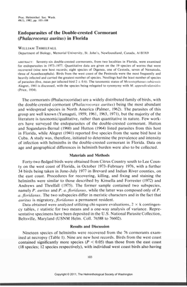 Endoparasites of the Double-Crested Cormorant (Phalacrocorax Auritus} in Florida WILLIAM THRELFALL