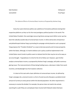 Kyle Davidson Colloquium 12/12/2019 Final Paper The